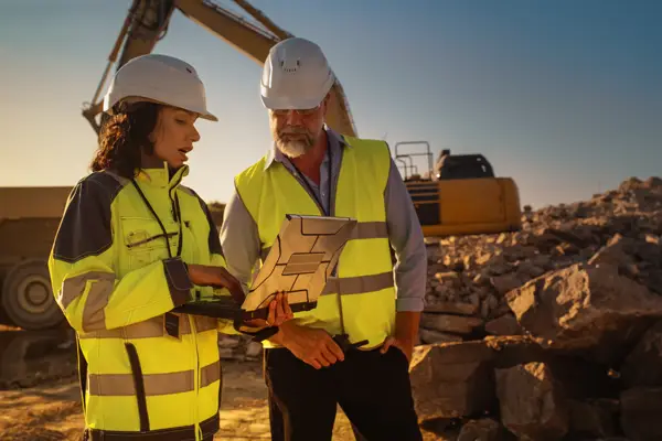 Mitarbeiter planen und organisieren den Ablauf einer Baustelle. Im Hintergrund sind Baggerarbeiten zu sehen.