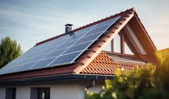 Eigenheim mit Solaranlage auf dem Dach bei Nachmittagssonne