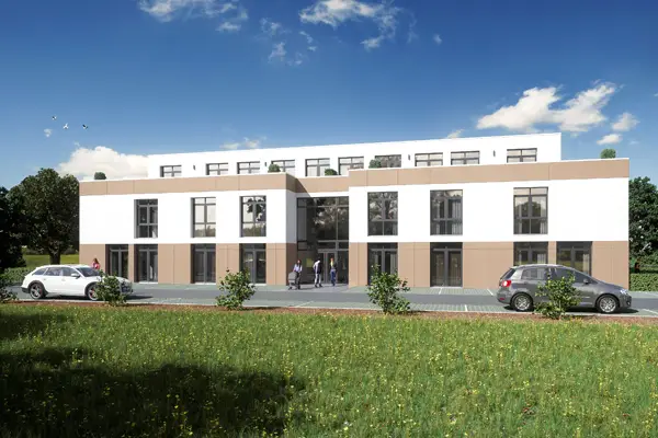 modernes Mehrfamilienhaus in Seckenhausen als 3D-Visualisierung Ansicht von vorne mit Parkflächen